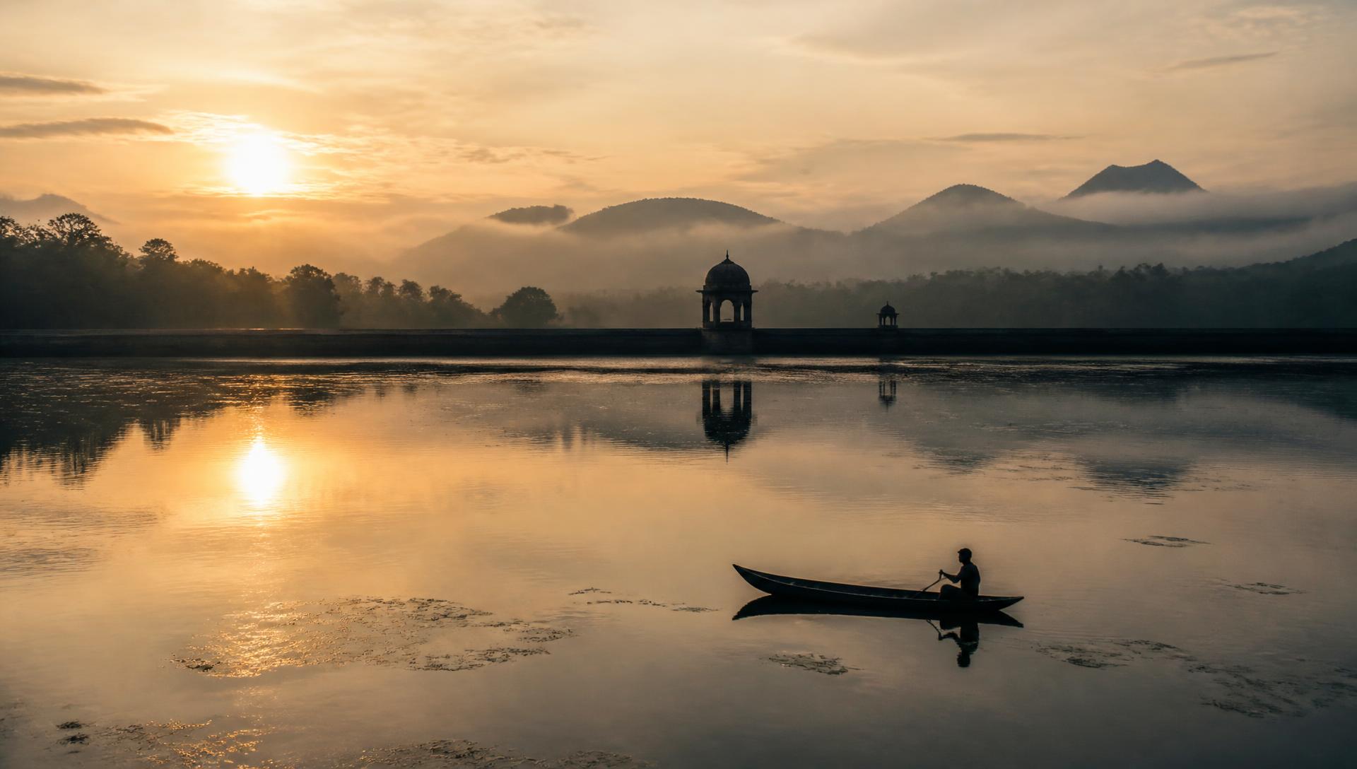 Sorabora Wewa at sunrise with a lone canoe on still water, Mahiyanganaya, Sri Lanka