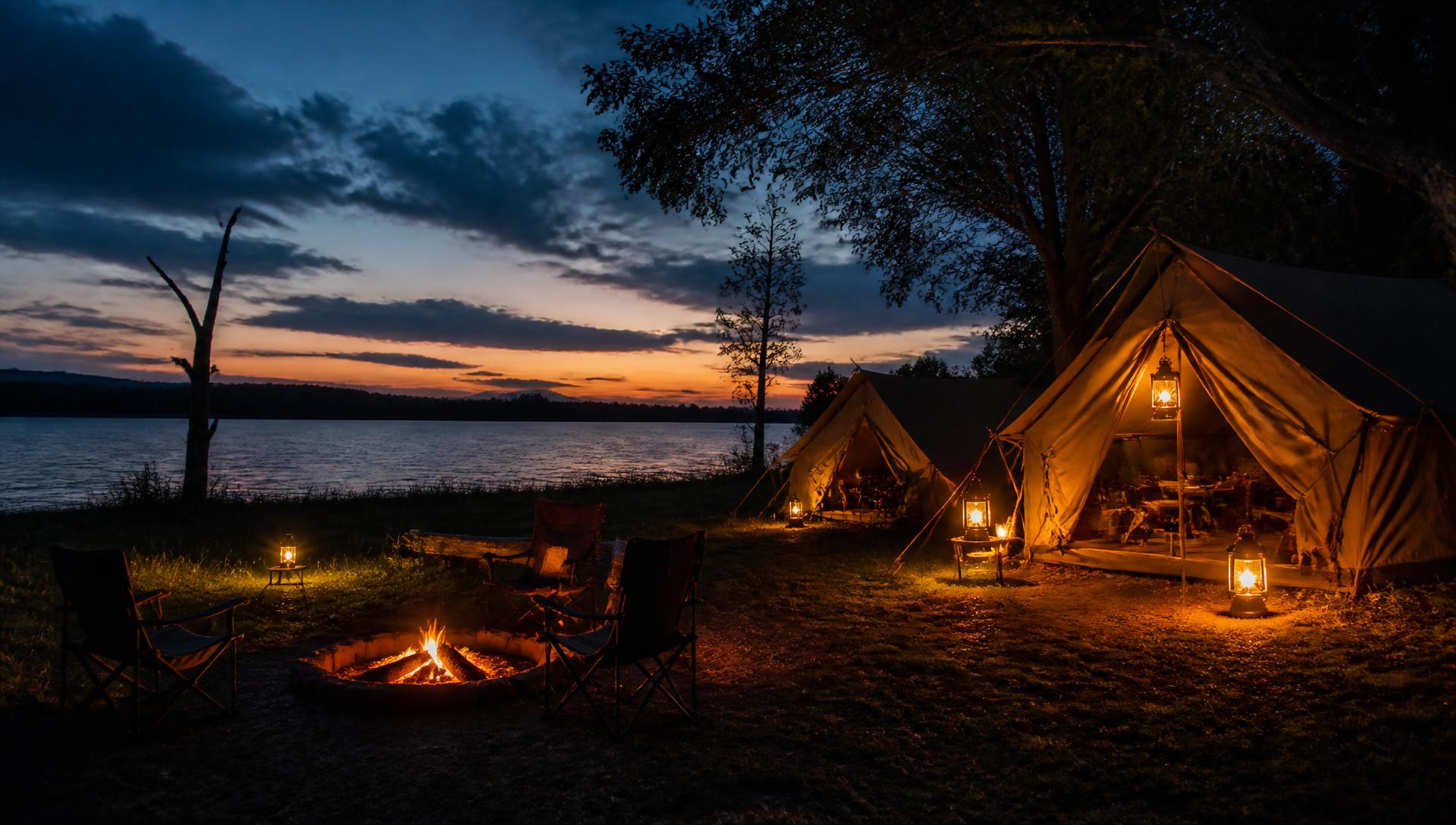 Canvas tents and a campfire beside Sorabora Wewa at dusk