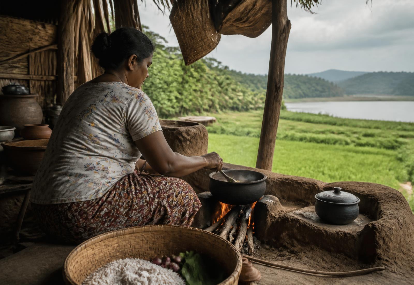 Village cooking over a clay hearth near Sorabora Wewa, Mahiyanganaya